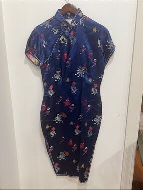 Vintage Solz Squirrel Blue Satin Floral Embroidered Cheongsam Qipao Dress Sz 38